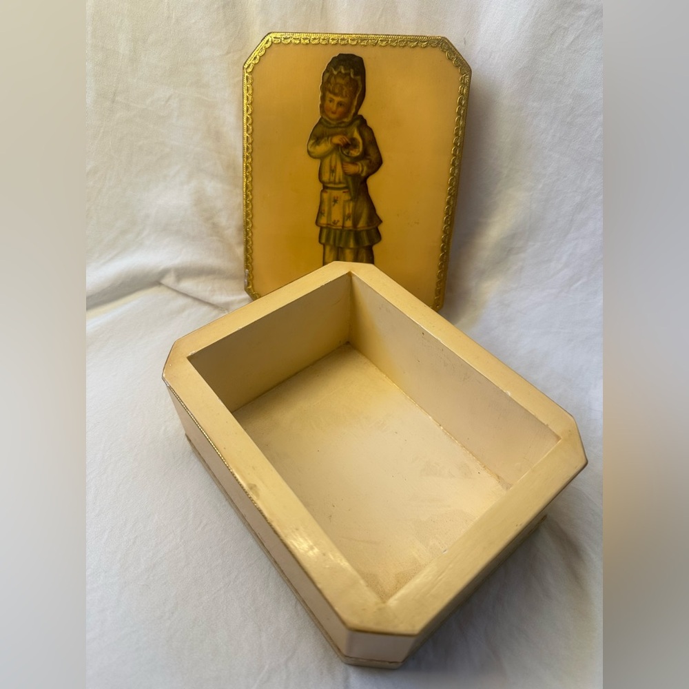 Vintage Cream Decorative Trinket or Jewelry Box Victorian Girl Hummel Gold Trim